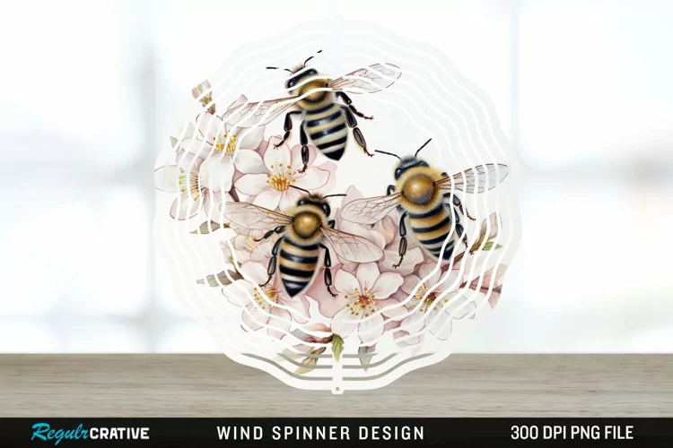 Japanese Watercolor Bees Wind Spinner Sublimation Design PNG