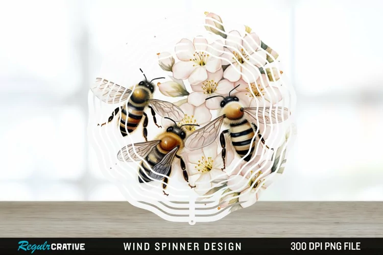 Japanese Watercolor Bees Wind Spinner Sublimation Design PNG