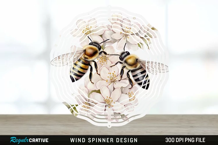 Japanese Watercolor Bees Wind Spinner Sublimation Design PNG