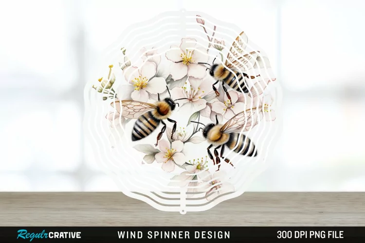 Japanese Watercolor Bees Wind Spinner Sublimation Design PNG