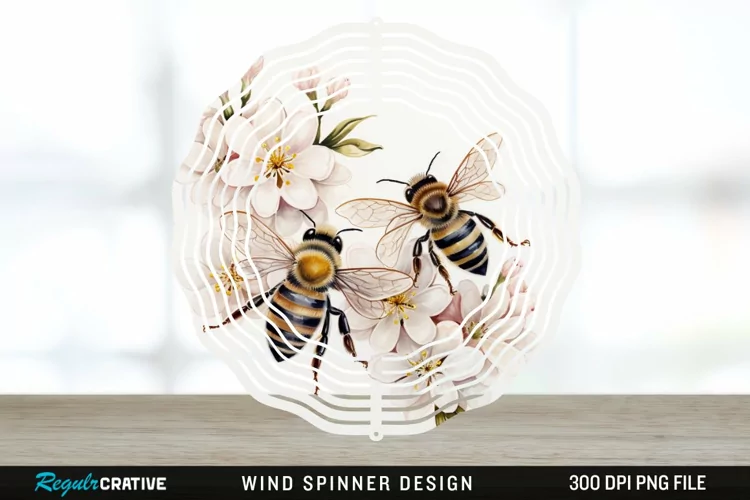 Japanese Watercolor Bees Wind Spinner Sublimation Design PNG