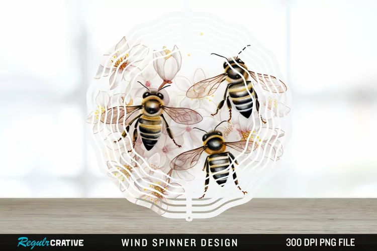 Japanese Watercolor Bees Wind Spinner Sublimation Design PNG