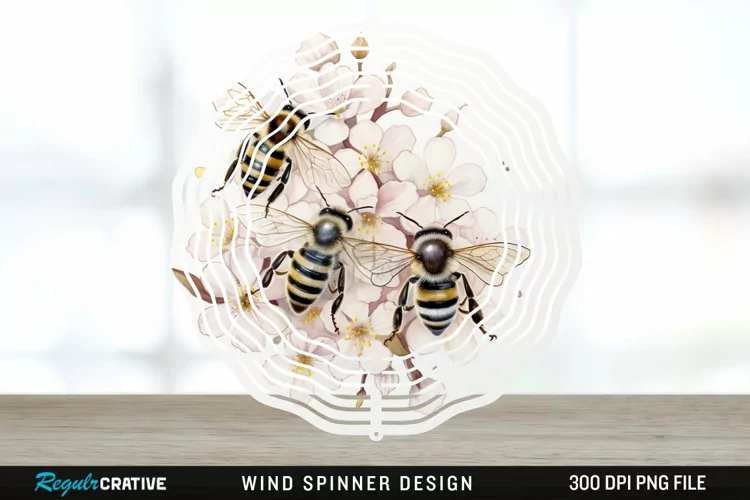 Japanese Watercolor Bees Wind Spinner Sublimation Design PNG