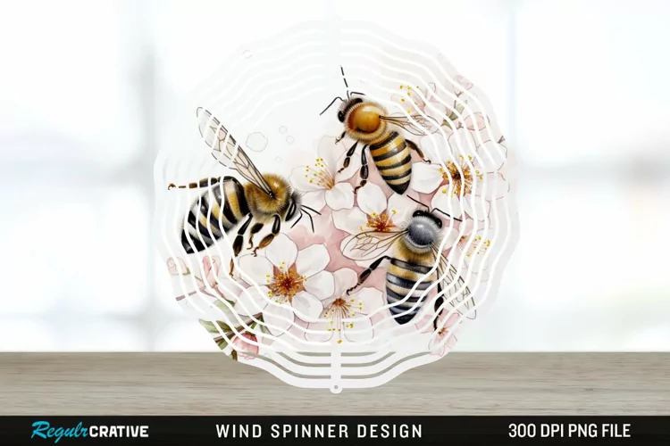 Japanese Watercolor Bees Wind Spinner Sublimation Design PNG