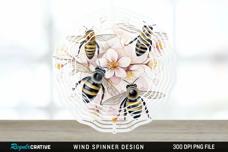 Japanese Watercolor Bees Wind Spinner Sublimation Design PNG