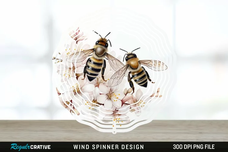 Japanese Watercolor Bees Wind Spinner Sublimation Design PNG