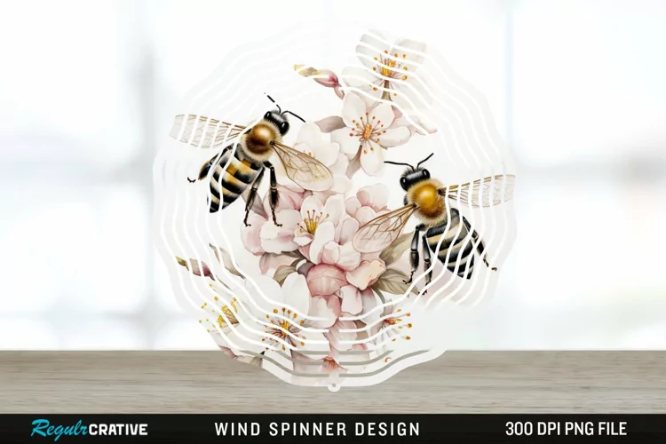Japanese Watercolor Bees Wind Spinner Sublimation Design PNG
