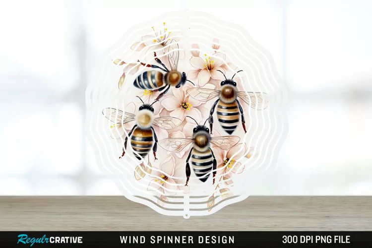 Japanese Watercolor Bees Wind Spinner Sublimation Design PNG