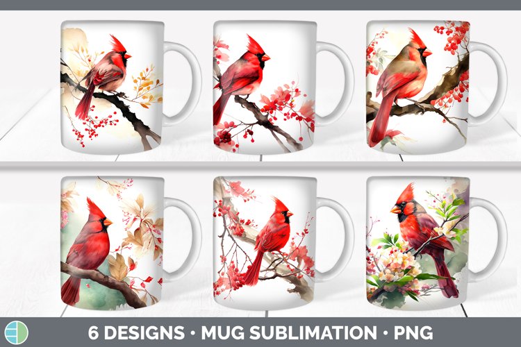 Japanese Watercolor Cardinal Bird Mug Wrap | Sublimation Cof