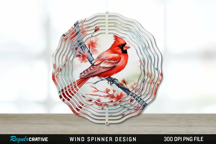 Japanese Watercolor Cardinal Bird Wind Spinner Sublimation