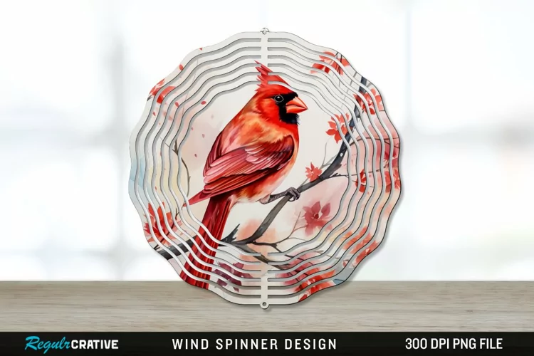 Japanese Watercolor Cardinal Bird Wind Spinner Sublimation