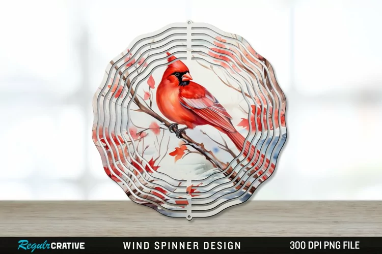 Japanese Watercolor Cardinal Bird Wind Spinner Sublimation