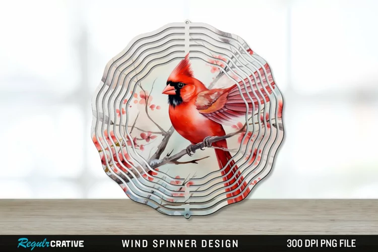 Japanese Watercolor Cardinal Bird Wind Spinner Sublimation