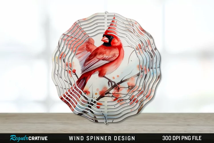 Japanese Watercolor Cardinal Bird Wind Spinner Sublimation