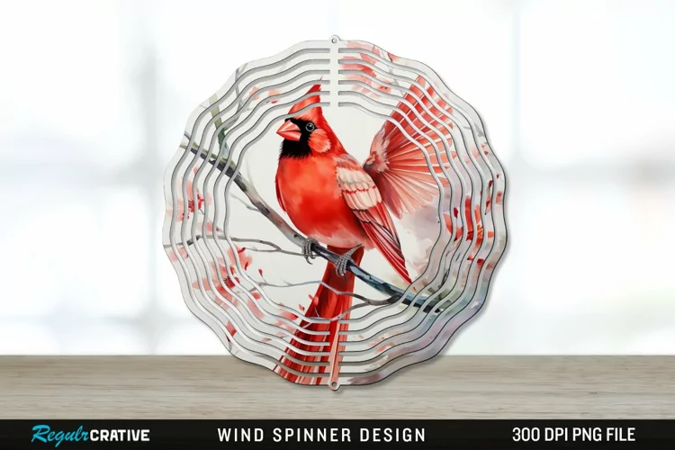 Japanese Watercolor Cardinal Bird Wind Spinner Sublimation