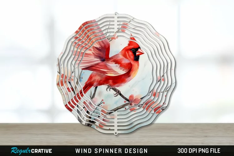 Japanese Watercolor Cardinal Bird Wind Spinner Sublimation