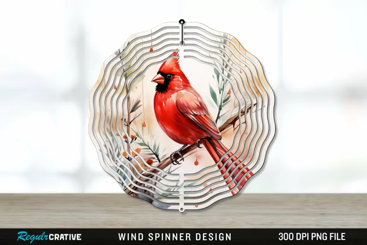 Japanese Watercolor Cardinal Bird Wind Spinner Sublimation
