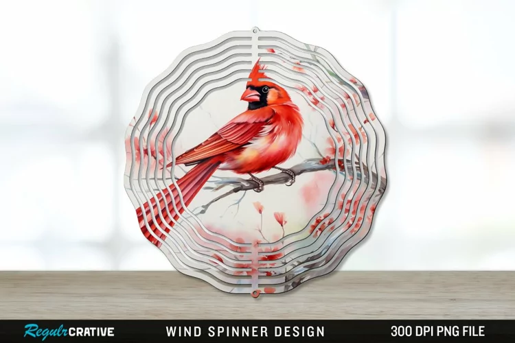 Japanese Watercolor Cardinal Bird Wind Spinner Sublimation