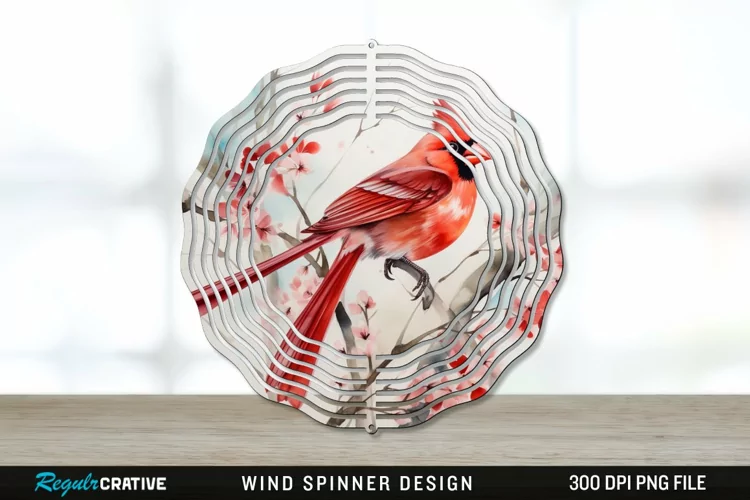 Japanese Watercolor Cardinal Bird Wind Spinner Sublimation