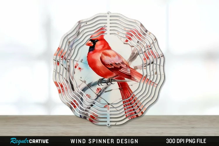 Japanese Watercolor Cardinal Bird Wind Spinner Sublimation