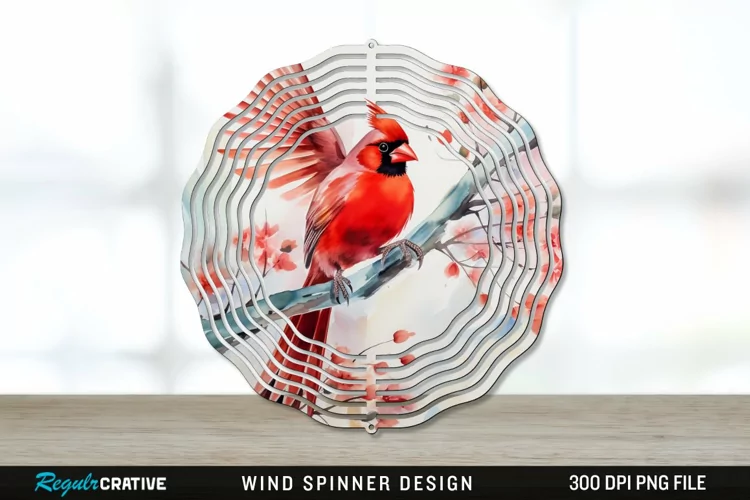 Japanese Watercolor Cardinal Bird Wind Spinner Sublimation