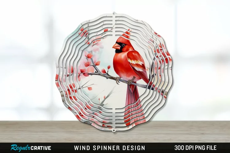 Japanese Watercolor Cardinal Bird Wind Spinner Sublimation