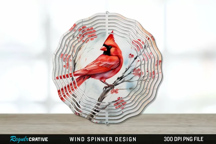 Japanese Watercolor Cardinal Bird Wind Spinner Sublimation