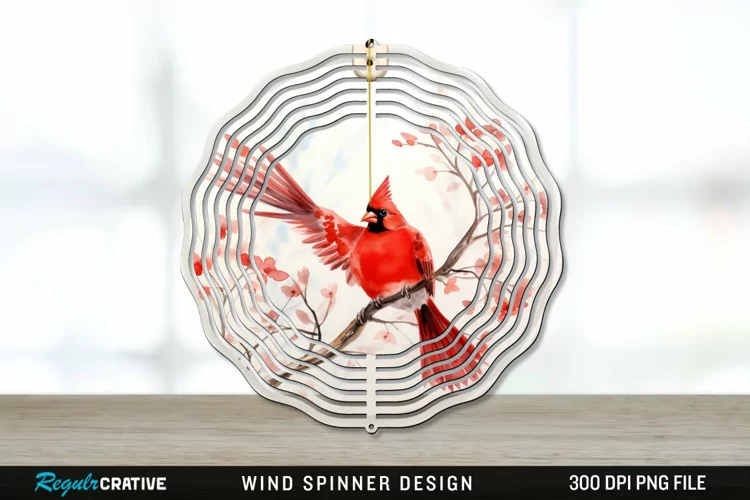 Japanese Watercolor Cardinal Bird Wind Spinner Sublimation