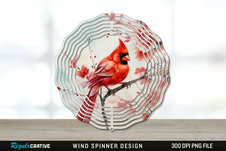 Japanese Watercolor Cardinal Bird Wind Spinner Sublimation