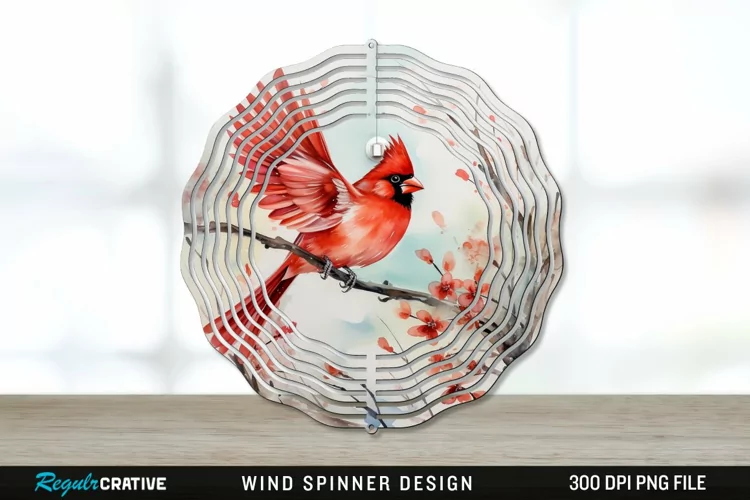 Japanese Watercolor Cardinal Bird Wind Spinner Sublimation