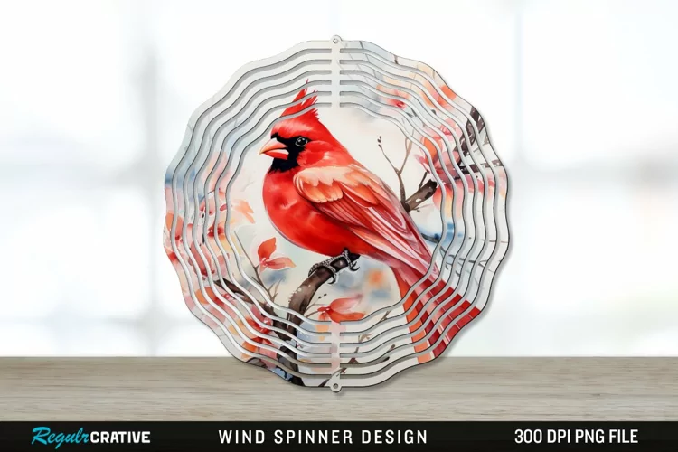 Japanese Watercolor Cardinal Bird Wind Spinner Sublimation