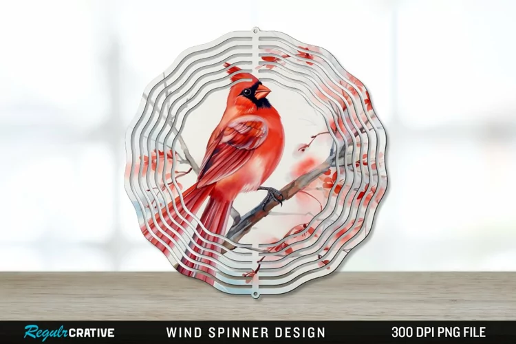 Japanese Watercolor Cardinal Bird Wind Spinner Sublimation