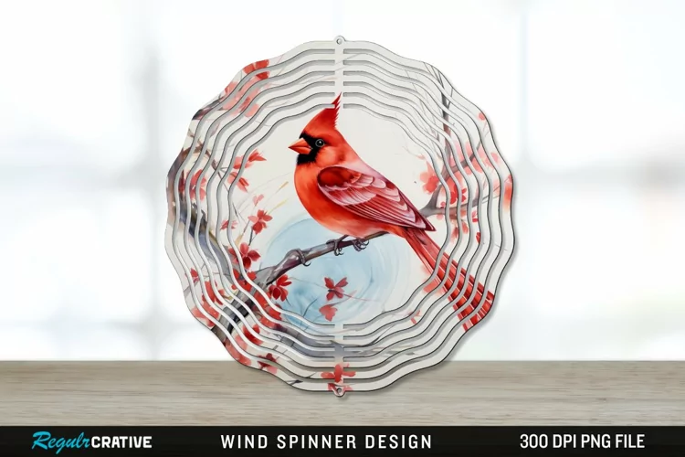 Japanese Watercolor Cardinal Bird Wind Spinner Sublimation