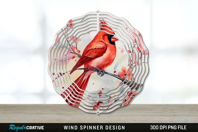 Japanese Watercolor Cardinal Bird Wind Spinner Sublimation