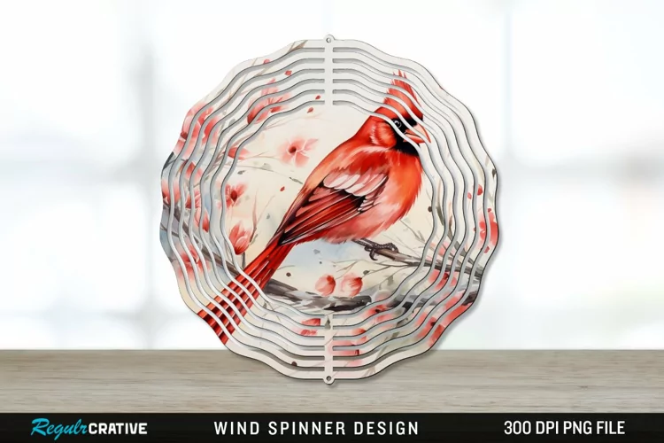 Japanese Watercolor Cardinal Bird Wind Spinner Sublimation