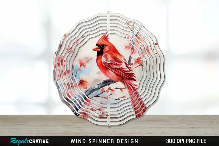 Japanese Watercolor Cardinal Bird Wind Spinner Sublimation