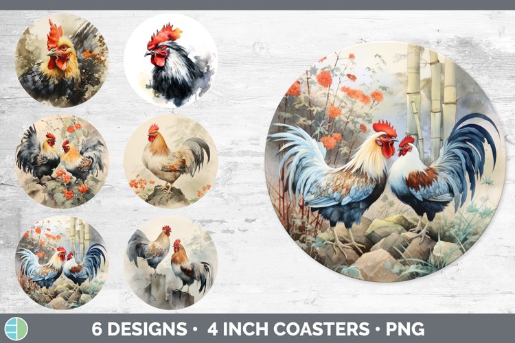 Japanese Watercolor Chicken Round Coaster | Sublimation Coas
