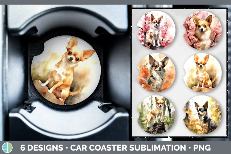 Japanese Watercolor Chihuahua Dog Car Coaster | Sublimation
