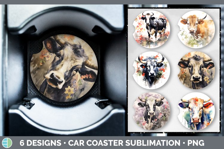 Japanese Watercolor Cow Car Coaster | Sublimation Coaster De