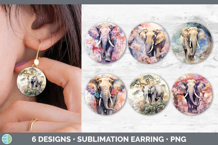 Japanese Watercolor Elephant Round Earrings | Sublimation Ea