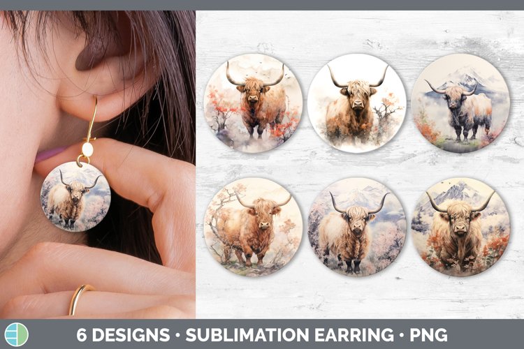 Japanese Watercolor Highland Cow Round Earrings | Sublimatio