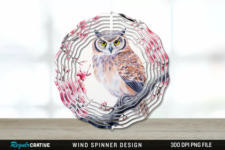 Japanese Watercolor Owl Wind Spinner Sublimation PNG Design
