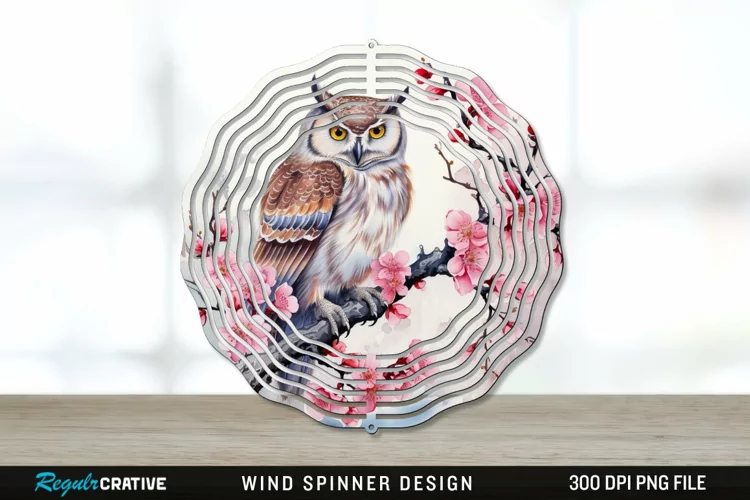 Japanese Watercolor Owl Wind Spinner Sublimation PNG Design