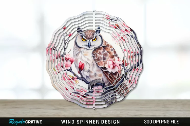Japanese Watercolor Owl Wind Spinner Sublimation PNG Design