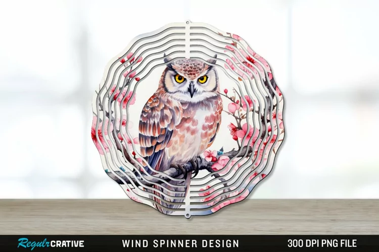 Japanese Watercolor Owl Wind Spinner Sublimation PNG Design