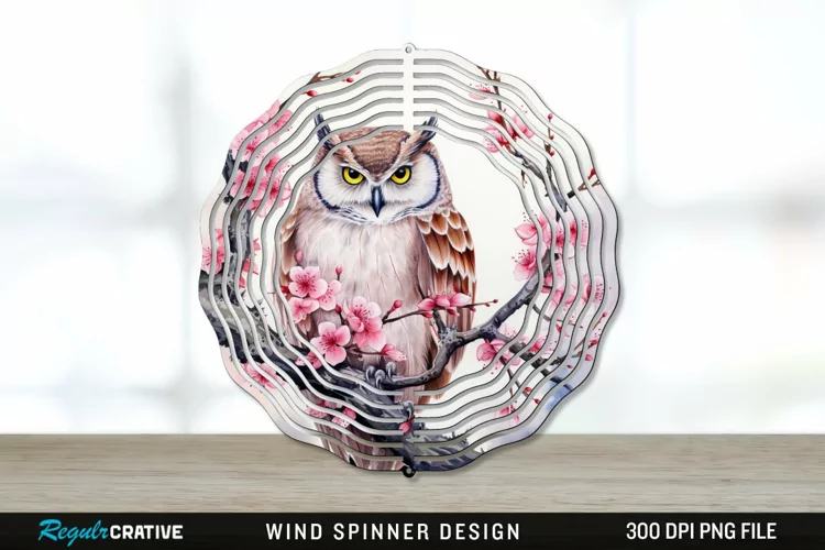Japanese Watercolor Owl Wind Spinner Sublimation PNG Design