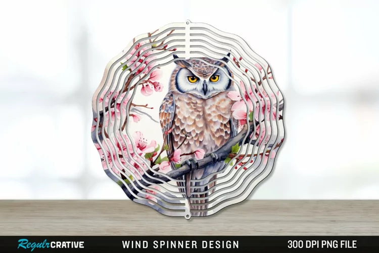 Japanese Watercolor Owl Wind Spinner Sublimation PNG Design