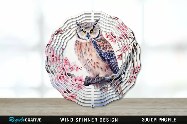 Japanese Watercolor Owl Wind Spinner Sublimation PNG Design