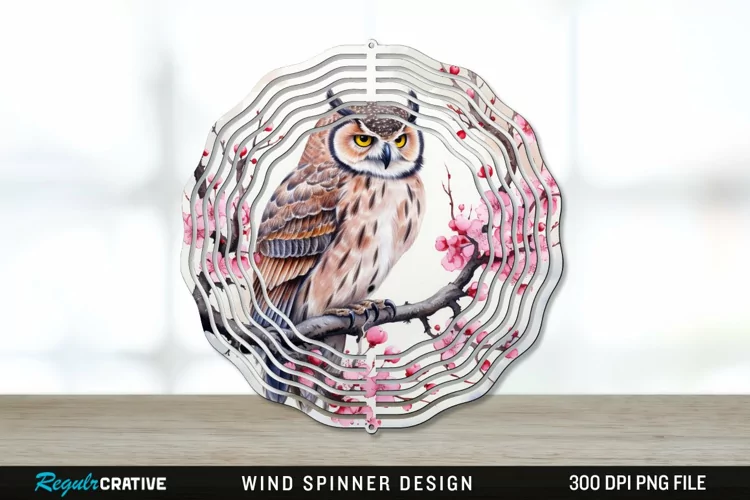 Japanese Watercolor Owl Wind Spinner Sublimation PNG Design