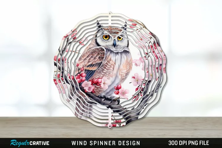 Japanese Watercolor Owl Wind Spinner Sublimation PNG Design